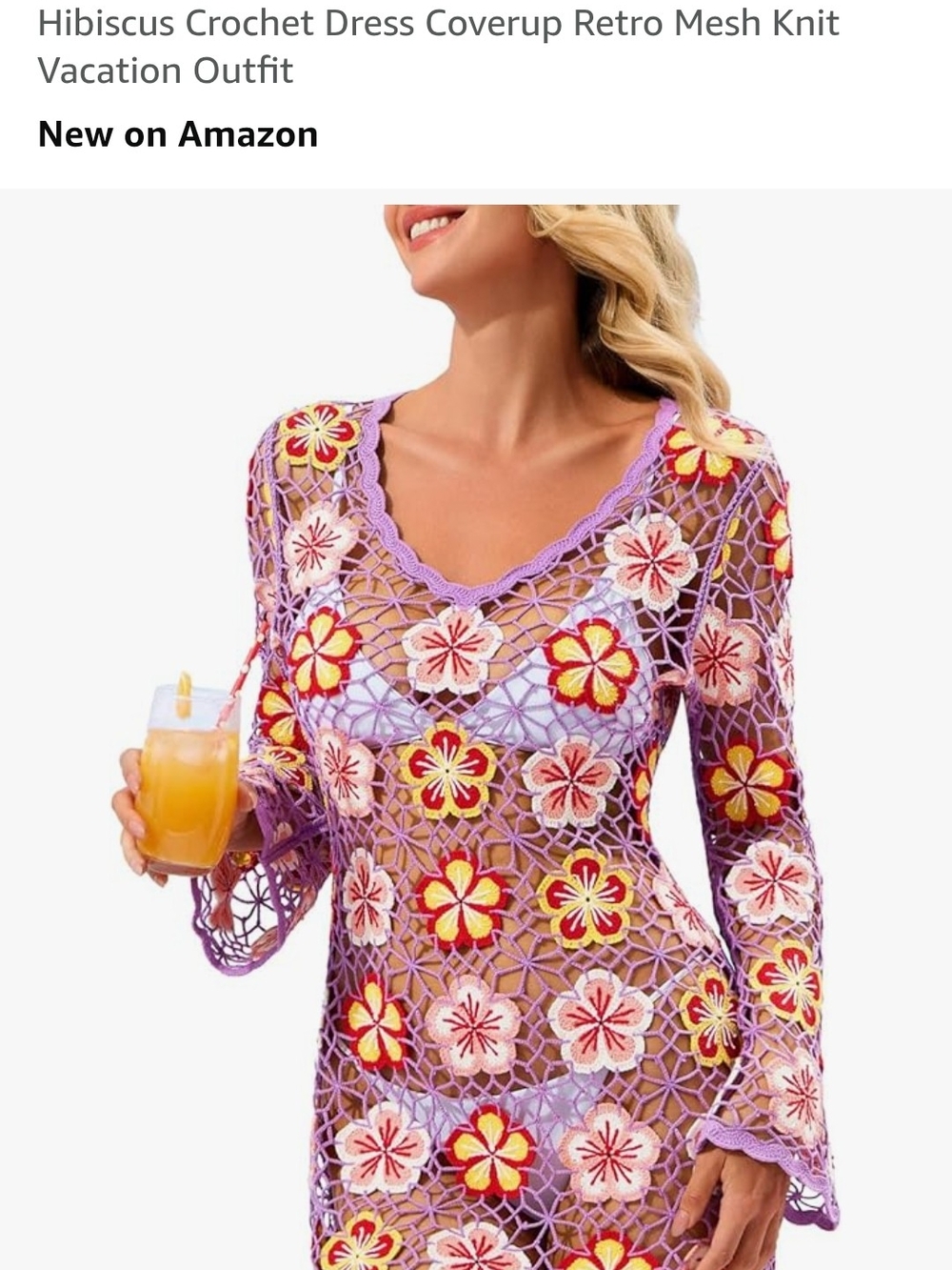 Hibiscus Crochet Mesh Swim Coverup Dress - Lavender with Floral Accents